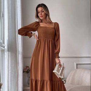 Brown Square Neck Shirred Ruffle Hem Dress